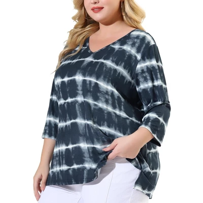 Agnes Orinda Women's Plus Size Tie Dye Side Slit 3/4 Sleeve Stripe V Neck Blouses - Image 9