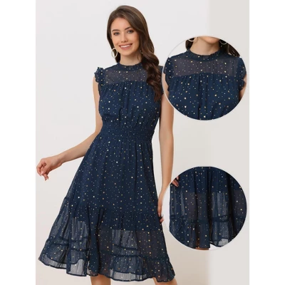 Allegra K Women's Sleeveless Smocked Waist Gilding Metallic Stars Chiffon Party Dress