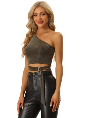 Allegra K One Shoulder Glitter Top For Women's Tie Knot Side Polka Dots Crop Tank Tops - Image 5