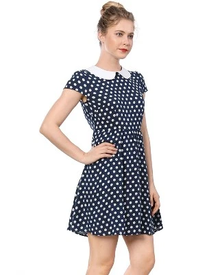 Allegra K Women's Peter Pan Collar Short Sleeves Contrast A-Line Polka Dots Dress - Image 3