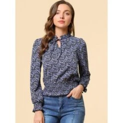 Allegra K Women's Smocked Waist Peplum Tops Ruffle Tie Neck Long Sleeve Ditsy Floral Blouses