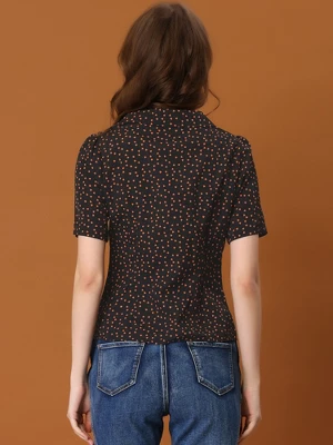 Allegra K Women's Heart-Shaped Polka Dots V Neck Short Sleeve Button Down Vintage Blouse - Image 3