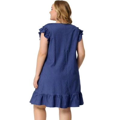 Agnes Orinda Women's Plus Size Ruffle Sleeveless Keyhole Chambray Fashion Dress - Image 3
