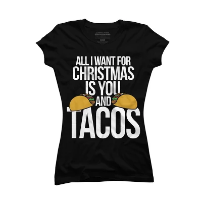 Junior's Design By Humans All I Want For Christmas Is You And Tacos By BubbSnugg T-Shirt - Image 3