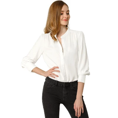 Allegra K Women's Mandarin Collar Office Top Long Sleeve Button Down Shirt - Image 6