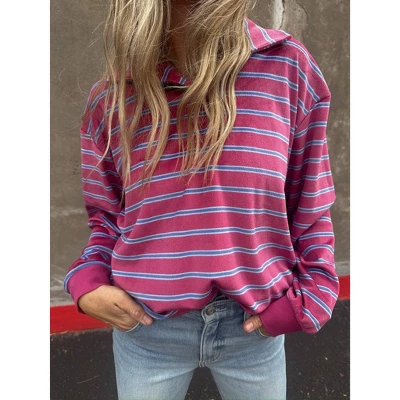 Women's Ascot + Hart Collared Striped Long Sleeve Graphic T-Shirt - Image 4