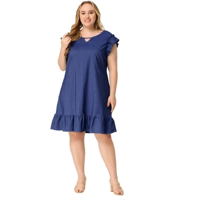 Agnes Orinda Women's Plus Size Ruffle Sleeveless Keyhole Chambray Fashion Dress - Image 2