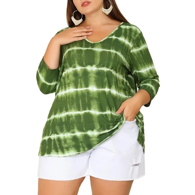 Agnes Orinda Women's Plus Size Tie Dye Side Slit 3/4 Sleeve Stripe V Neck Blouses - Image 10