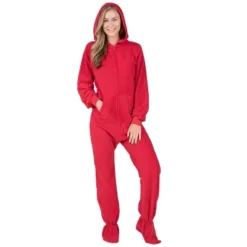 Footed Pajamas - Bright Red Adult Hoodie Fleece Onesie