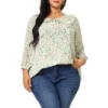 Agnes Orinda Women's Plus Size Chiffon 3/4 Sleeve V Neck Floral Tie Neck Blouses