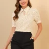 Allegra K Women's Vintage Floral Turndown Collar Split Neck Puff Short Sleeve Chiffon Elegant Blouse