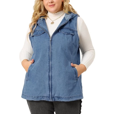 Agnes Orinda Women's Plus Size Hoodie Zipper Up Pocket Denim Sleeveless Jacket Vest - Image 6