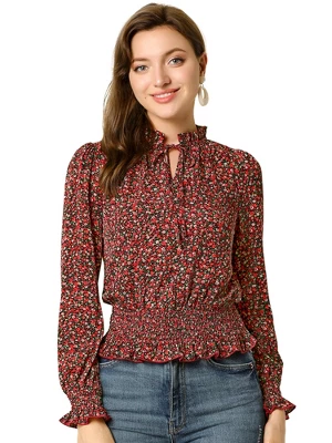 Allegra K Women's Smocked Waist Peplum Tops Ruffle Tie Neck Long Sleeve Ditsy Floral Blouses - Image 7