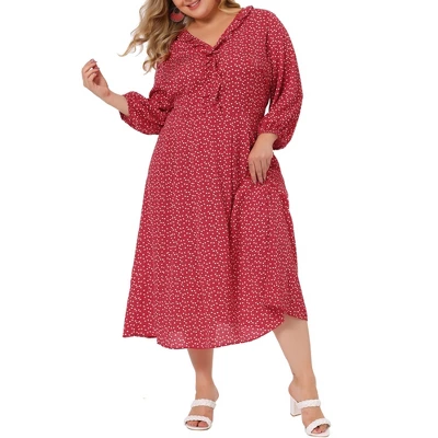 Agnes Orinda Women's Plus Size Casual Long Sleeve Sweetheart Print Midi Ruffle Dress - Image 5
