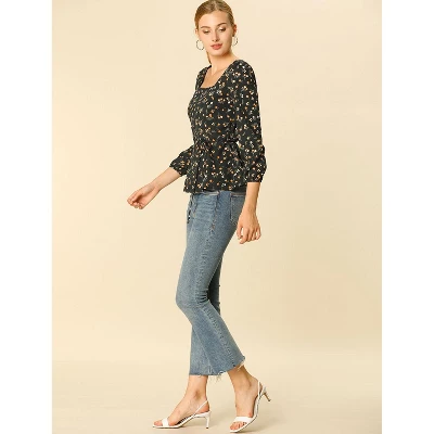 Allegra K Women's Floral Print Belted Waist Square Neck Vintage Peplum Blouse - Image 3