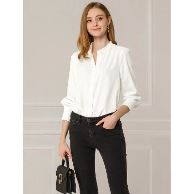 Allegra K Women's Mandarin Collar Office Top Long Sleeve Button Down Shirt
