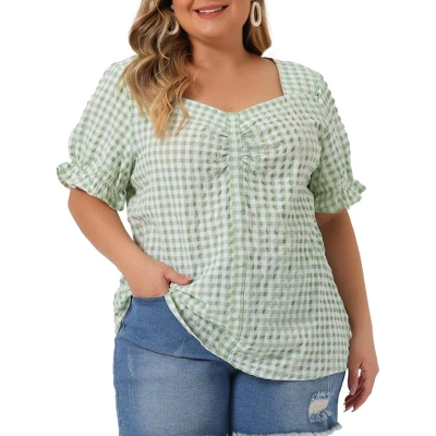 Agnes Orinda Women's Plus Size Gingham 1950s Sweetheart Neck Plaid Blouse - Image 8