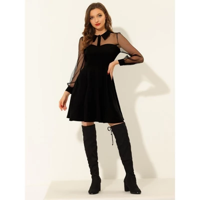 Allegra K Women's Sheer Mesh Panel Long Sleeve Fit And Flare Mini A-Line Dresses - Image 4