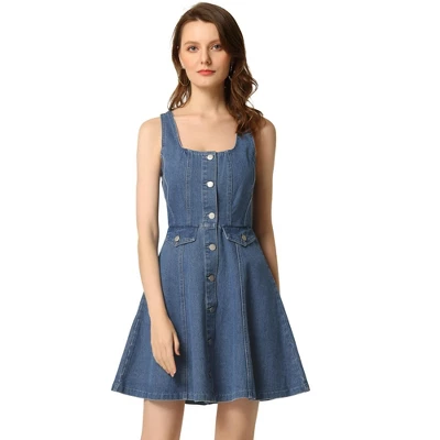 Allegra K Women's Sleeveless Square Neck Button Down Flared Casual Mini Denim Dress - Image 5