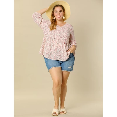 Agnes Orinda Women's Plus Size Babydoll 3/4 Sleeve Floral Flowy Blouse - Image 2