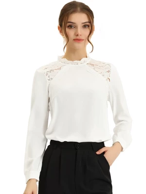 Allegra K Women's Lace Trim Crew Neck Long Sleeve Elegant Blouse - Image 5