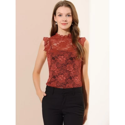 Allegra K Women's Sleeveless Blouse See Through Ruffle Semi Sheer Floral Lace Top - Image 2