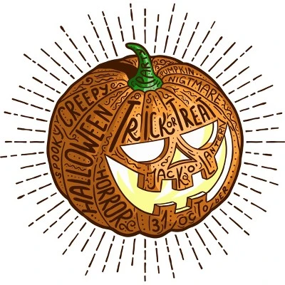 Junior's Design By Humans Halloween Smiling Retro Pumpkin With Fine Detailed Lettering By Agor2012 T-Shirt