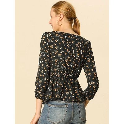 Allegra K Women's Floral Print Belted Waist Square Neck Vintage Peplum Blouse - Image 4