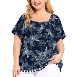Agnes Orinda Women's Plus Size Blouse Floral Off Shoulder Tassel Hem Casual Top