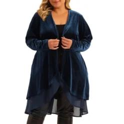 Agnes Orinda Women's Plus Size Velvet Long Sleeve Irregular Draped Mesh Hem Open Front Cardigan