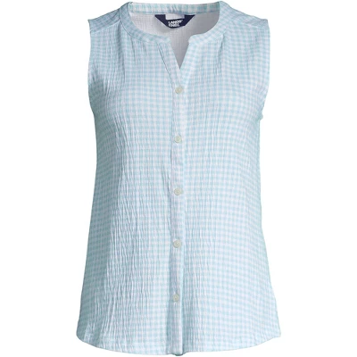 Lands' End Women's Knit Crinkle Knit Button Front Tank - Small - Light Blue Radiance Check