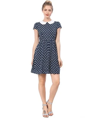 Allegra K Women's Peter Pan Collar Short Sleeves Contrast A-Line Polka Dots Dress - Image 2