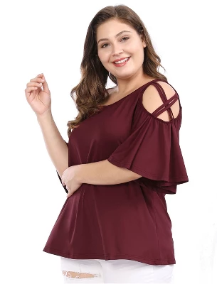 Agnes Orinda Women's Plus Size Summer Fashion Cold Shoulder Ruffle Trumpet Sleeve Blouses - Image 8