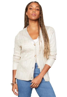 June + Vie By Roaman's Women’s Plus Size Metallic Cable-Knit Cardigan