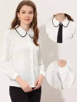 Allegra K Work Office Shirt For Women's Long Sleeve Button Up Peter Pan Collar Blouse