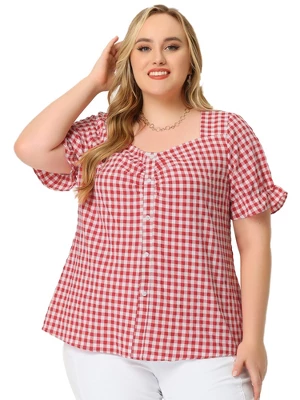 Agnes Orinda Women's Plus Size Gingham 1950s Sweetheart Neck Plaid Blouse - Image 2