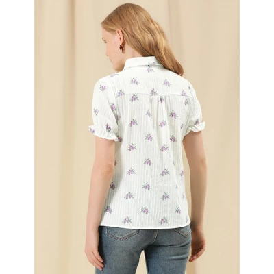 Allegra K Women's Frilled Top Peter Pan Collar Blossoms Floral Print Blouse Shirt - Image 4