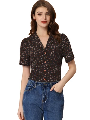 Allegra K Women's Heart-Shaped Polka Dots V Neck Short Sleeve Button Down Vintage Blouse - Image 6