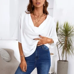 Women's Short Sleeve Drape Collar Shirt- Cupshe - White
