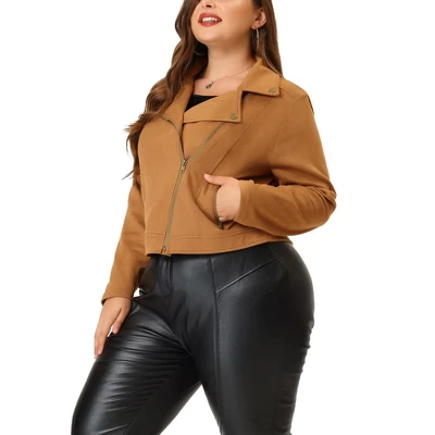 Agnes Orinda Women's Plus Size Winter Suede Cropped Moto Biker Zip Up Faux Suede Jackets - Image 5