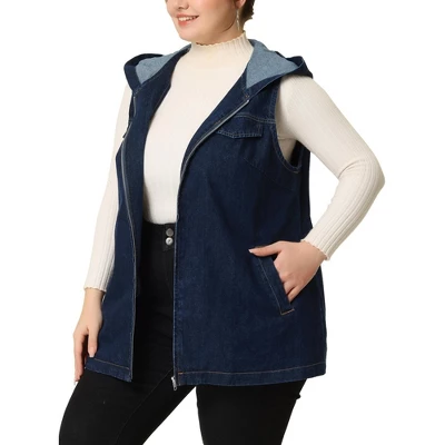 Agnes Orinda Women's Plus Size Hoodie Zipper Up Pocket Denim Sleeveless Jacket Vest - Image 8