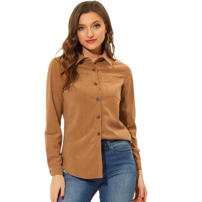 Allegra K Women's Corduroy Pocket Casual Long Sleeve Curved Hem Button Down Shirts - Image 5
