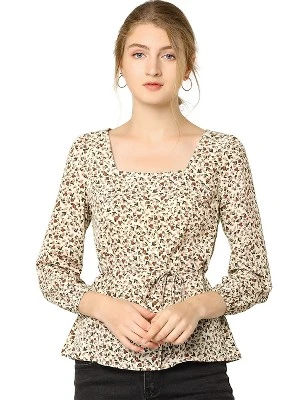 Allegra K Women's Floral Print Belted Waist Square Neck Vintage Peplum Blouse - Image 9