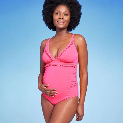 Ruffle Neck One Piece Maternity Swimsuit - Isabel Maternity By Ingrid & Isabel™ Pink - Image 3