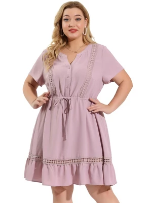 Agnes Orinda Women's Plus Size Elegant Short Sleeve Tie Waist Ruffle Hem At Kness Dresses - Image 3