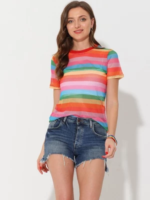 Allegra K Women's Rainbow Blouse Short Sleeve Mesh Sheer Stripe T-Shirt - Image 4