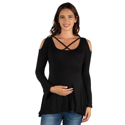 24seven Comfort Apparel Long Sleeve Maternity Criss Cross Cold Shoulder Top - Image 4