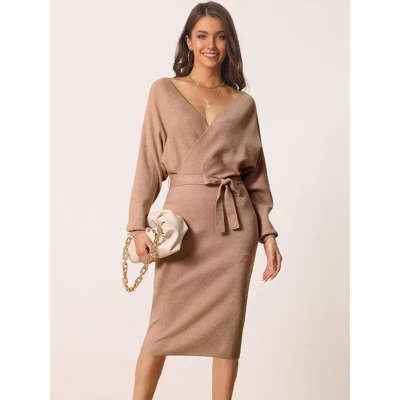 Seta T Women's Deep V Neck Wrap Batwing Sleeve Belted Bodycon Mini Sweater Dress