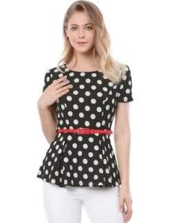 Allegra K Women's Basic Round Neck Short Sleeves Polka Dots Peplum Blouse